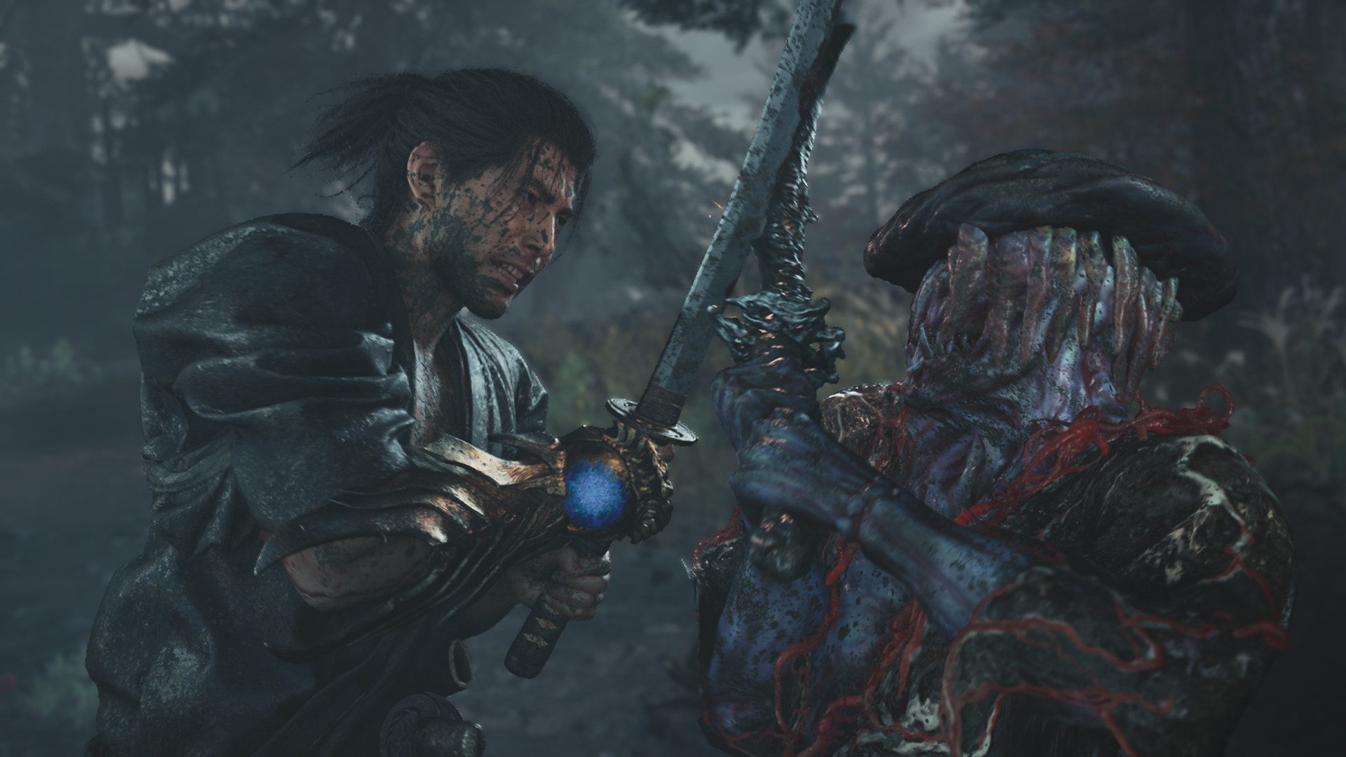 Miyamoto Musashi clashes swords with a Genma warrior in Onimusha: Way of the Sword