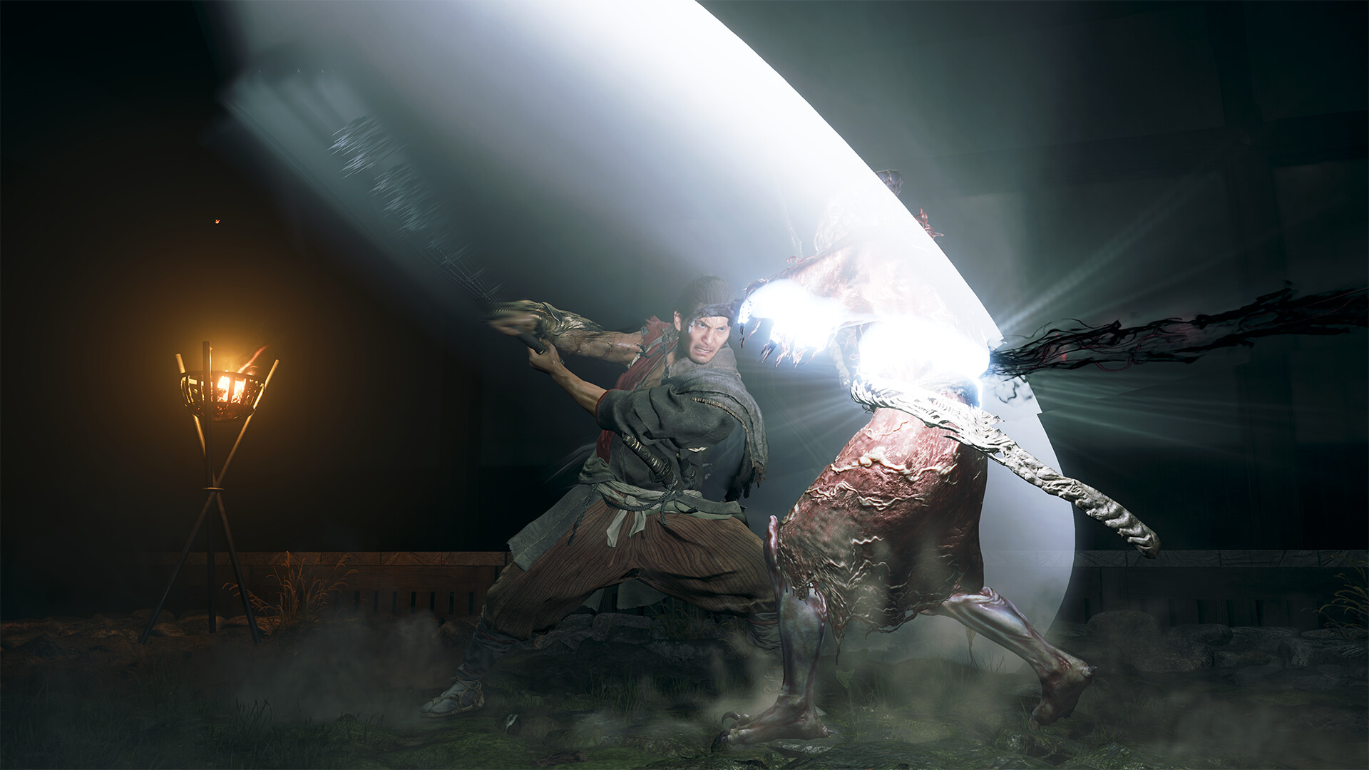 Miyamoto Musashi performs a bright sword counter against a Genma enemy