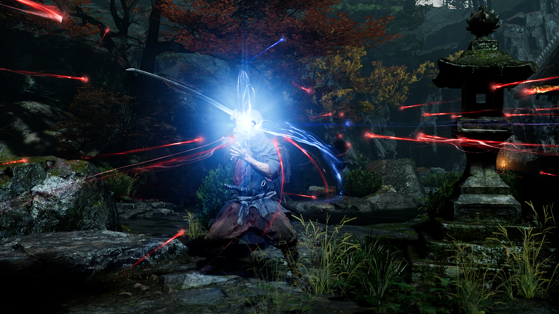 Miyamoto Musashi absorbs red and blue souls in a temple garden