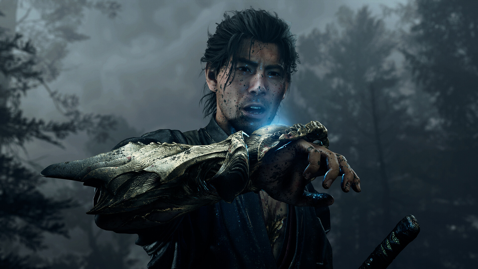 Miyamoto Musashi raises the Oni Gauntlet in an official screenshot